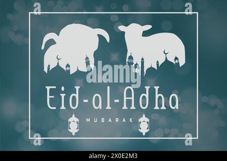 Carte de voeux de l'Eid al-Adha représentant des silhouettes de moutons sur fond de silhouette de mosquée, parfaite pour le partage sur les réseaux sociaux. Illustration de Vecteur