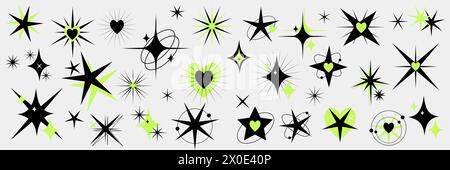 Y2K star icon set.Cute Magic Shiny element. ornements graphiques starburst et rétro futuristes pour la décoration. Illustration vectorielle Illustration de Vecteur