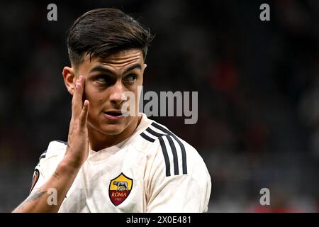 Milan, Italie. 11 avril 2024. Paulo Dybala de l'AS Roma réagit lors du match de football de l'Europa League entre l'AC Milan et L'AS Roma au stade San Siro de Milan (Italie), le 11 avril 2024. Crédit : Insidefoto di andrea staccioli/Alamy Live News Banque D'Images