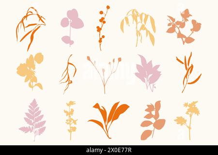 Fleurs botaniques silhouettes ensemble plantes dessinées à la main Illustration de Vecteur