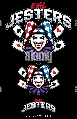 Illustration de style mascotte d'un bouffon menaçant avec des cartes à jouer. Illustration de Vecteur