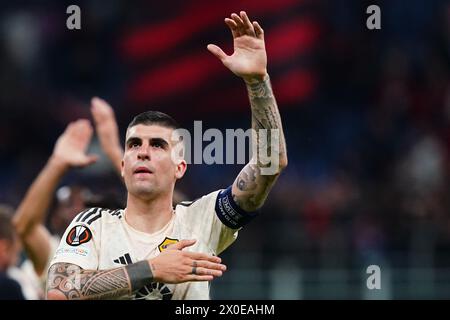 Milan, Italie. 11 avril 2024. Gianluca Pellegrini de l'AS Roma lors du match de football de l'Europa League entre l'AC Milan et l'AS Roma au stade San Siro de Milan, Italie - jeudi 11 avril 2024. Sport - Soccer . (Photo de Spada/LaPresse) crédit : LaPresse/Alamy Live News Banque D'Images