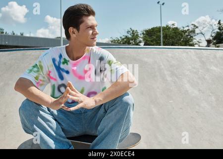 Un jeune patineur assis sur sa planche à roulettes dans un parc de skate dynamique par une journée ensoleillée, entièrement immergé dans la culture du skate. Banque D'Images