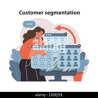 Concept de segmentation de la clientèle. Femme enthousiaste catégorisant les profils numériques, rationalisant les stratégies de marketing pour les publics ciblés. Personnalisation en action. Illustration vectorielle plate. Illustration de Vecteur