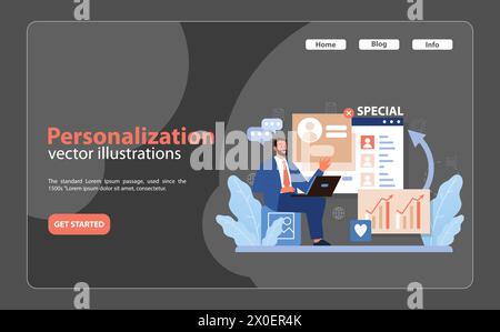 Personnalisation dans l'ensemble engagement des consommateurs. Un homme personnalise les profils des clients pour des stratégies de marketing ciblées, mettant en évidence l'attention personnalisée du consommateur. Illustration de Vecteur