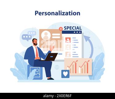 Personnalisation dans l'ensemble engagement des consommateurs. Un homme personnalise les profils des clients pour des stratégies de marketing ciblées, mettant en évidence l'attention personnalisée du consommateur. Illustration de Vecteur