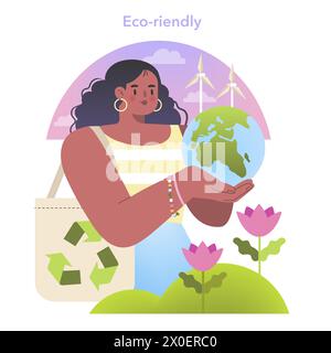 Concept de style de vie écologique. Un individu conscient tenant la Terre, plaidant pour un mode de vie durable et les énergies renouvelables. Illustration vectorielle Illustration de Vecteur