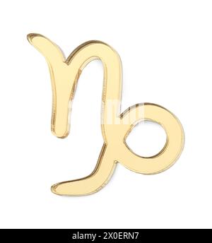 Signe du zodiaque. Symbole du Capricorne doré isolé sur blanc, vue de dessus Banque D'Images