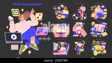 Ensemble de consommation multimédia interagissant avec divers canaux numériques Insight sur les habitudes contemporaines sur les appareils Explorer l'apprentissage multimédia et le divertissement illustration vectorielle Illustration de Vecteur