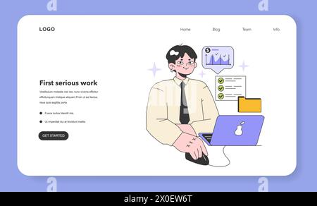 Première bannière Web de travail ou page d'accueil. Développement de carrière. Jeunesse et âge adulte. Les jalons de la vie. Jeune personnage masculin vieillissant et acquérant une expérience professionnelle. Illustration vectorielle plate Illustration de Vecteur