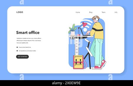 Jeune homme concentré sur la productivité. Il est plongé dans le travail, écouteurs sur casque, dans le calme d'un espace de travail minimaliste. Plantes en pot, lampe et sac à dos essentiels. Illustration vectorielle plate Illustration de Vecteur