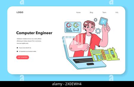 Un ingénieur en informatique examine une micropuce, un composant fondamental de l'électronique moderne, représentant le travail complexe derrière l'ingénierie du matériel informatique Illustration de Vecteur