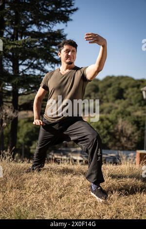 Plan large d'un homme dans une posture de Tai Chi Chuan à l'extérieur par une journée ensoleillée. Banque D'Images