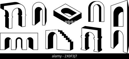 Ensemble d'arcs linéaires surréalistes en perspective. Outline amusante collection d'éléments géométriques. Flot de naves 3D, d'arcs, de portes en gras. Trippy Shapes bundle pour collage, affiche, bannière, autocollant. Pack d'art vectoriel Illustration de Vecteur