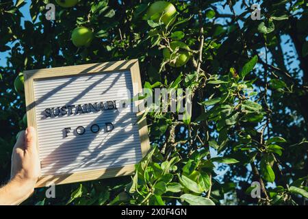 Message ALIMENTAIRE DURABLE sur fond de pommes vertes fraîches et écologiques cultivées dans le jardin. Concept de production alimentaire rurale. Récolte de produits locaux. Durabilité et responsabilité Banque D'Images