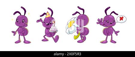 Vecteur isolé de personnage de fourmi de dessin animé. Clipart d'insectes mignon et drôle. Insecte violet tenant le gâteau, célébrer l'anniversaire et sourire. Mascotte de termites enfantines marchant avec une fleur de camomille et montrant un geste d'arrêt Illustration de Vecteur