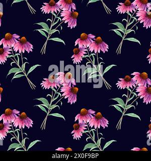 Motif sans couture de répétition d'aquarelle avec fleur d'herbe Coneflower, échinacée. Illustration dessinée à la main pour tissu textile Banque D'Images