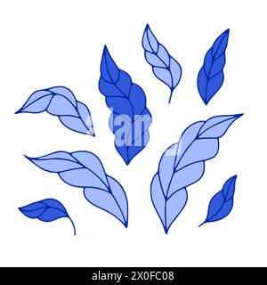 Feuille de style chinoiserie florale bleue monochrome isolée sur fond blanc Illustration de Vecteur