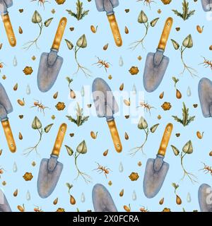 Aquarelle outils de jardin modèle sans couture sur un fond bleu, papier d'emballage de ferme, légumes, élément vintage, truelle, râteau, sécateur Banque D'Images