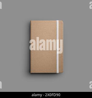 Maquette de cahier d'artisanat avec bande blanche isolée avec des ombres sur fond gris. Modèle de notes texturées élégantes en couverture rigide, bloc-notes pour croquis Banque D'Images