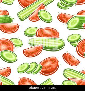 Motif sans couture de tomate et de concombre de vecteur, répéter le fond avec des légumes volants hachés pour le linge de lit, affiche carrée décorative avec groupe de fl Illustration de Vecteur