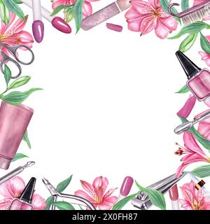 Outils de manucure, vernis à ongles, éclaboussures parmi les fleurs tropicales. Cadre carré avec espace de copie. Lime à ongles, crème, tampon à ongles, pousseur de cuticules Banque D'Images