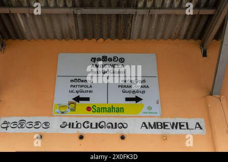 Ambewela, Sri Lanka - 28 janvier 2024 : une vue détaillée de l'enseigne multilingue à la gare d'Ambewela, montrant les directions et une publicité Banque D'Images