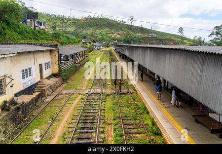 Ambewela, Sri Lanka - 28 janvier 2024 : une vue vintage de la gare d'Ambewela. Le charme d’antan de la station est évident. Banque D'Images