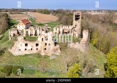 zřícenina hradu Zvířetice u Bakova nad Jizerou, Český ráj, Česká Republika / ruines anciennes du château gothique de Zviretice du XIVe siècle près de Mlada Bolesla Banque D'Images