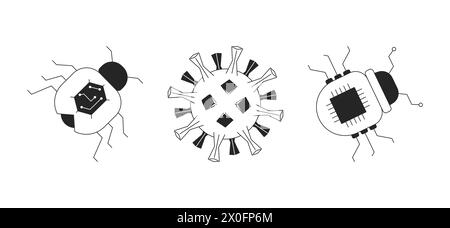 Virus Computer Bugs noir et blanc ligne 2D objets de dessin animé ensemble Illustration de Vecteur