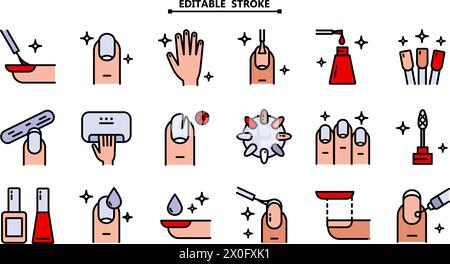 Manucure, jeu d'icônes. Contour modifiable. Outils pour le traitement de beauté cosmétique pour les ongles et les mains, icônes linéaires. Soin des ongles. Illustration de Vecteur