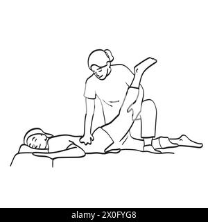 Femme thaïlandaise faisant massage thaïlandais pour un vecteur d'illustration de client féminin dessiné à la main isolé sur fond blanc Illustration de Vecteur