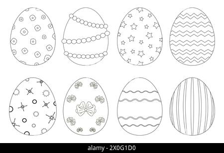 Livres de coloriage pour enfants. Un ensemble d'œufs de Pâques décorés de différentes manières. Tracé de contour vectoriel Illustration de Vecteur