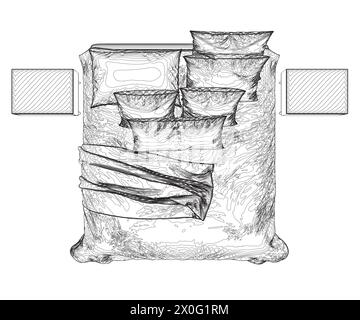 Contour d'un lit de couchage avec une couverture non faite et des oreillers de lignes noires isolées sur un fond blanc. Vue de dessus. Illustration vectorielle. Illustration de Vecteur