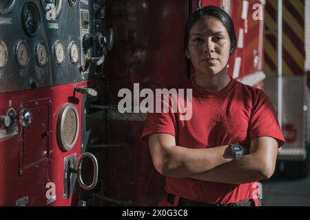 Portrait d'une femme pompière debout contre un moteur de pompier Banque D'Images