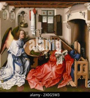 Robert Campin's Mérode Altarpiece or Annonciation Triptych, (panneau central), c 1427–1432, Metropolitan Museum of Art, New York ; The Cloisters. La figure de la Vierge est proche de la Madeleine de Londres de van der Weyden. Banque D'Images