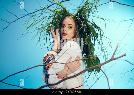 Une jeune femme dans une tenue traditionnelle, se tient sous un arbre dans un cadre de studio de fée et de fantaisie. Banque D'Images