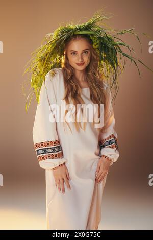 Un jeune mavka dans une robe blanche porte une couronne de plante ornée dans un cadre de studio de fée et de fantaisie. Banque D'Images