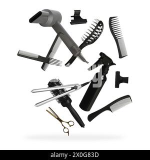 Outils professionnels de coiffeur tombant sur fond blanc Banque D'Images