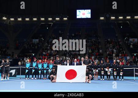 Ariake Coliseum, Tokyo, Japon. 12 avril 2024. Vue générale, 12 AVRIL 2024 - Tennis : match des qualifications de la Coupe Billie Jean King entre le Japon et le Kazakhstan cérémonie d'ouverture au Coliseum Ariake, Tokyo, Japon. Crédit : Yohei Osada/AFLO SPORT/Alamy Live News Banque D'Images