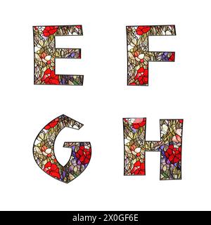 Illustration de vitrail floral ornemental alphabet - lettres E-H. Banque D'Images