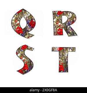 Illustration de vitrail floral ornemental alphabet - lettres Q-T. Banque D'Images