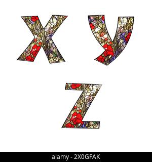 Illustration de vitrail floral ornemental alphabet - lettres X-Z Banque D'Images