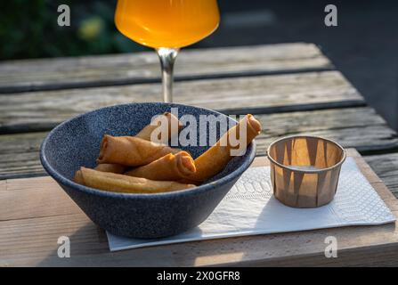 Délicieux en-cas de rouleaux de printemps au fromage. Bâtonnets de fromage enveloppés dans une pâte de rouleau de printemps et frits Banque D'Images