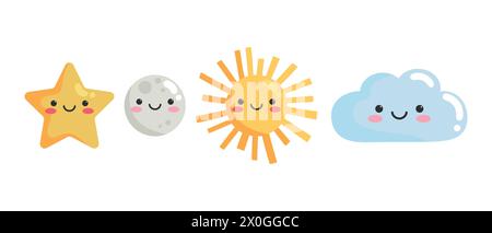 Personnages de ciel souriant de dessin animé mignon. Style enfantin. Icônes étoile, lune, soleil et nuage. Illustration vectorielle Illustration de Vecteur