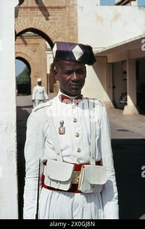 Une garde en uniforme blanc d'été (en hiver ils portent le rouge) à l'entrée du Palais Royal de Rabat. [traduction automatique] Banque D'Images