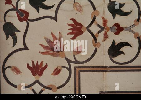 Peintures avec des motifs floraux sur un mur dans le Taj Mahal. [traduction automatique] Banque D'Images