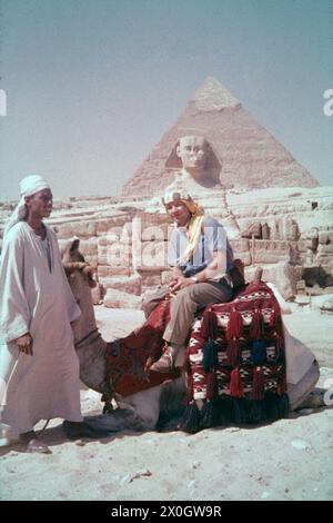 Un touriste se trouve sur un chameau devant le Sphinx et la pyramide de Chephren à Gizeh. [traduction automatique] Banque D'Images