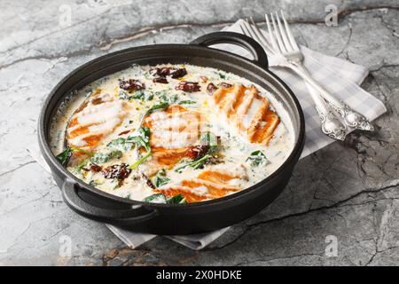 Plat de saumon toscan de filet de saumon grillé avec sauce à la crème, ail, tomates séchées au soleil et épinards gros plan dans la poêle sur la table. Horizontal Banque D'Images