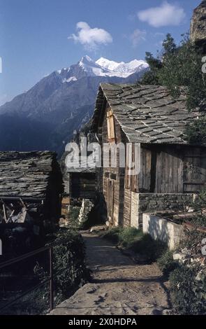 Les granges valaisan typiques couvertes de bardeaux, avec des pics de quatre mille mètres couverts de neige en arrière-plan, photographiées à partir du hameau d'Eggen. [traduction automatique] Banque D'Images